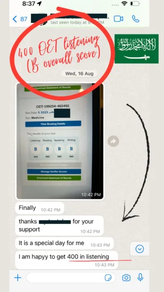 Mensaje de WhatsApp de un estudiante mostrando su resultado B en el OET