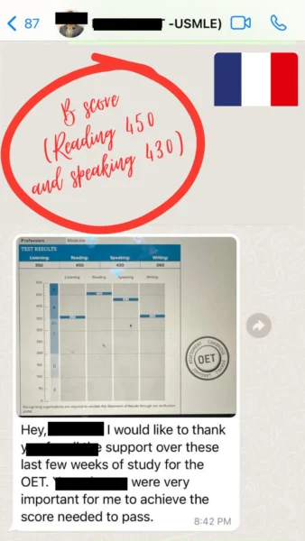 Mensaje de WhatsApp de un estudiante mostrando su resultado B en el OET